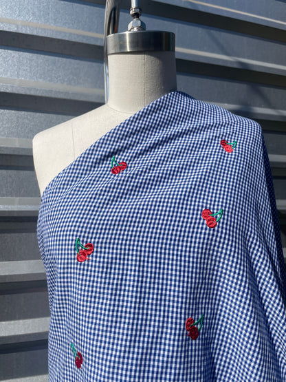 Navy White Gingham Embroidered Cherry Cotton Polyester " Picnic with You"