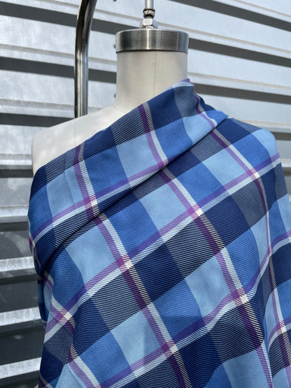 Blue Purple White Plaid Rayon Challis Woven “Heather Weather”