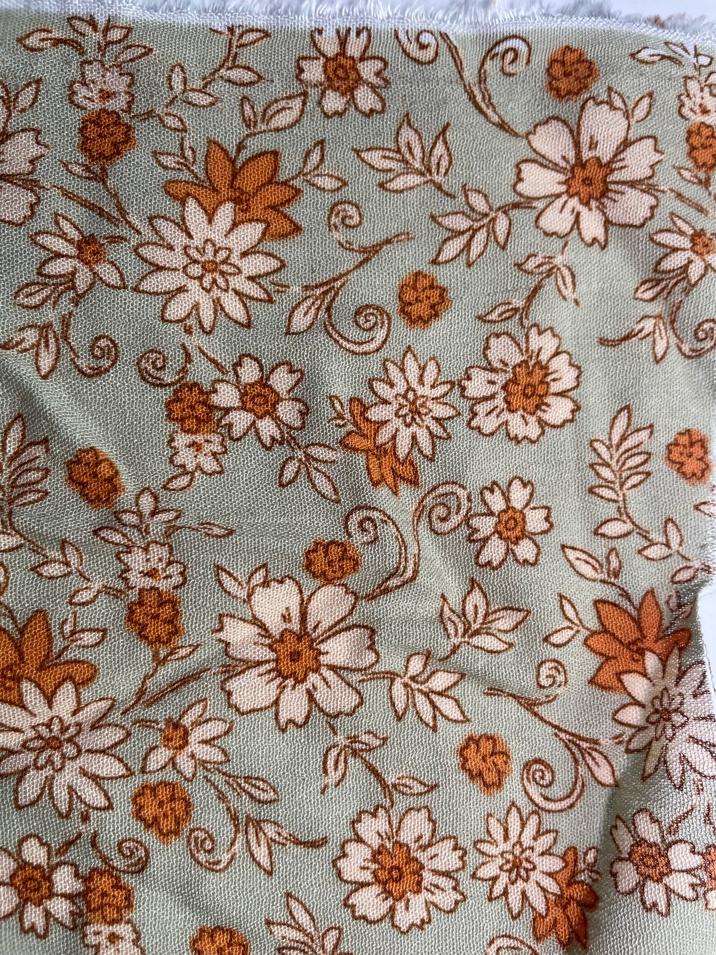 Light Sage Green and Yellow Vintage Floral Print Soft Rayon Crepe "Free Spirit"