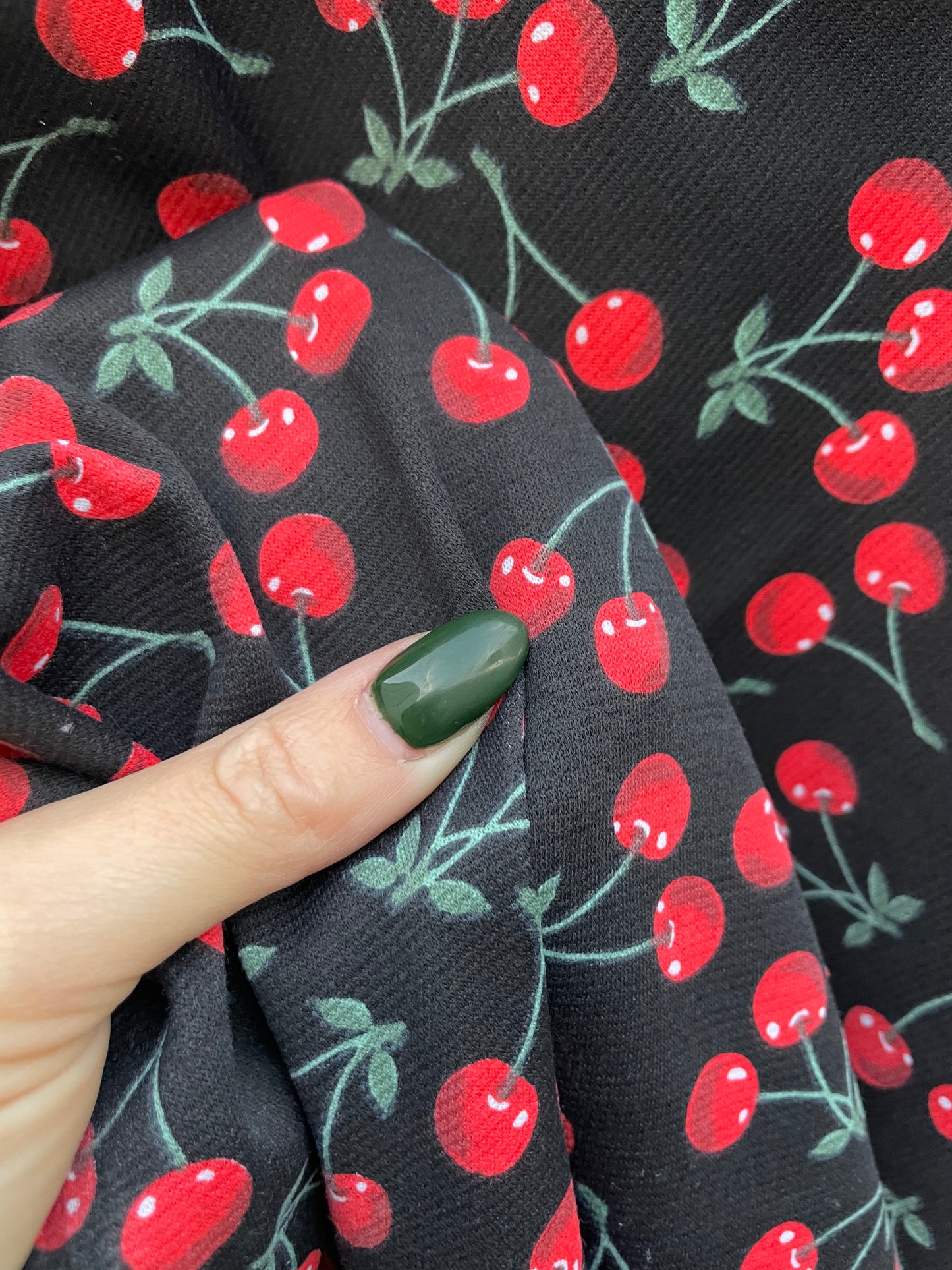 Black Red Classic Cherry Print Rayon Polyester Spandex Ponte Knit "Cherry Bomb"