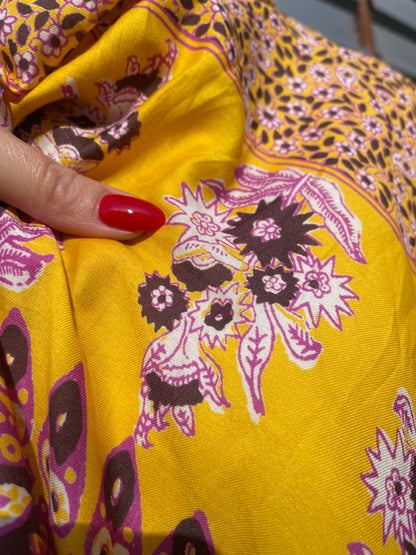 Silk Cotton Voile Yellow  Magenta Paisley Panel "Spring Chick"