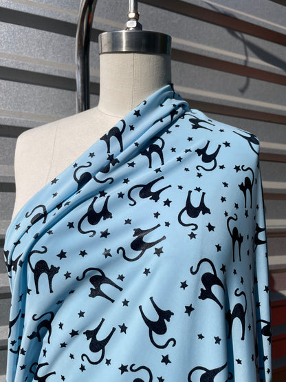 Blue Black Cat Witchy Print Polyester/Spandex Jersey Knit "Mystic Memories"