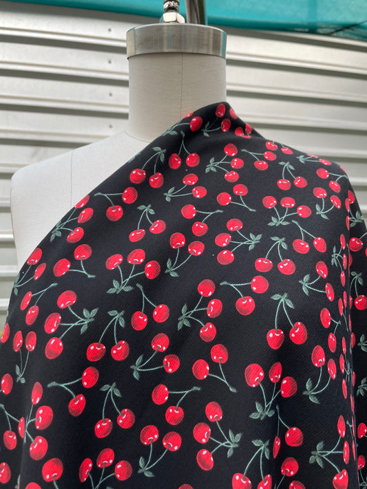 Black Red Classic Cherry Print Rayon Polyester Spandex Ponte Knit "Cherry Bomb"