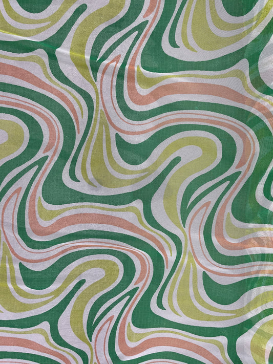 Green Yellow Retro Swirl Printed Mesh "Trippy Guac"