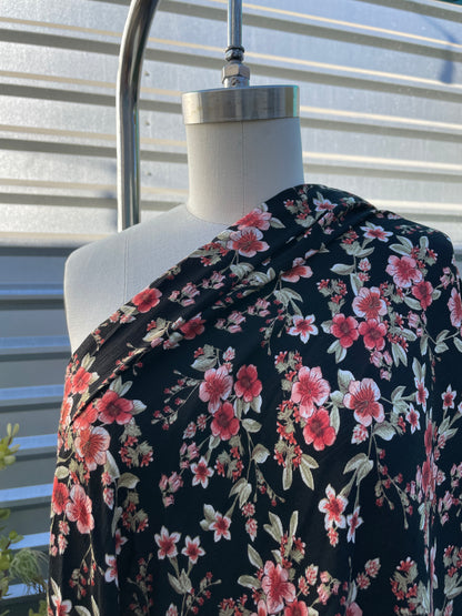 Black Pink Green Island Floral Resort Floral Rayon Crepe "Aloha Adventure"