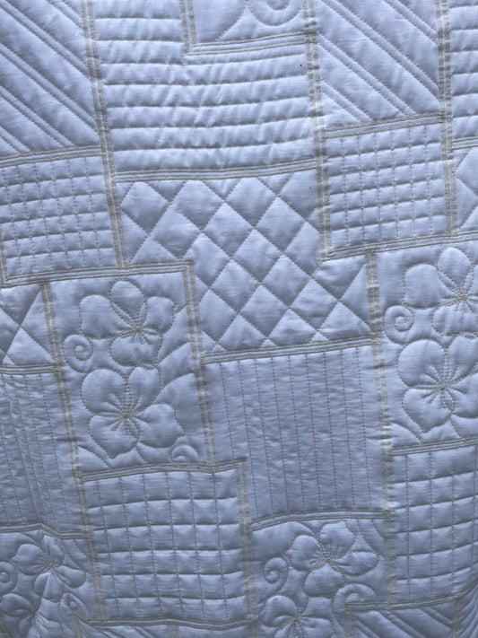 White on White Quilt Pre-batted Embroidered Double Sided Vintage Cotton "Susan's Squares"