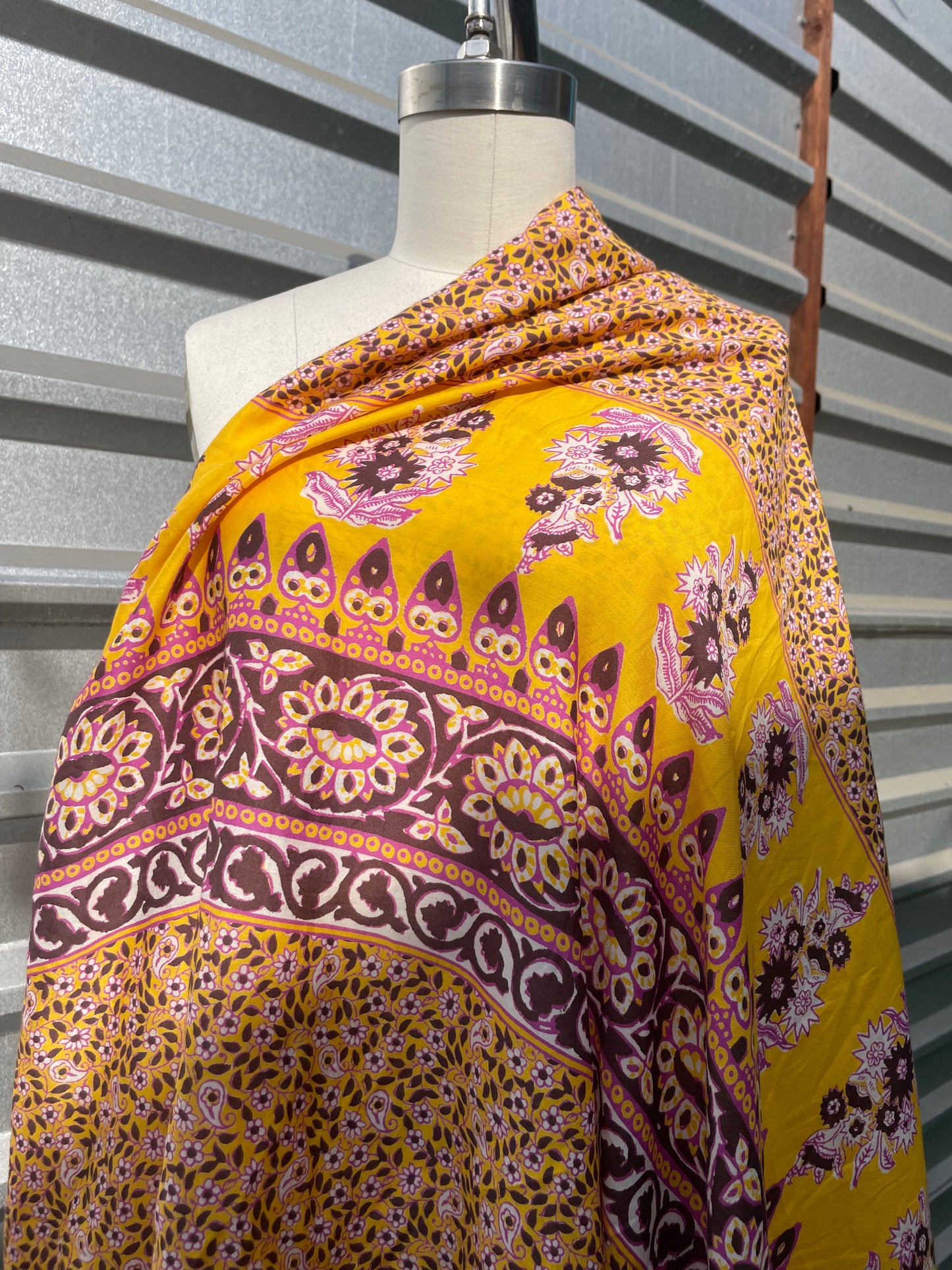 Silk Cotton Voile Yellow  Magenta Paisley Panel "Spring Chick"