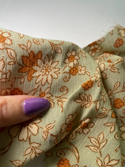 Light Sage Green and Yellow Vintage Floral Print Soft Rayon Crepe "Free Spirit"