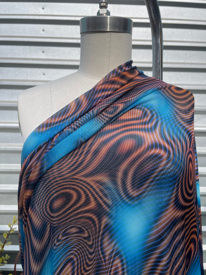 Blue Orange Y2K Cyber Swirl Print Nylon Spandex Mesh "Nickle Element"