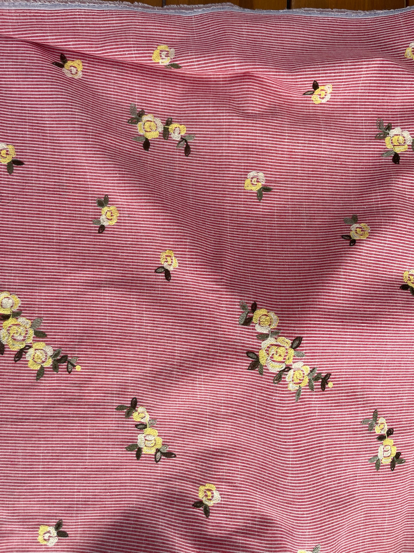 Red White Stripe Yellow Embroidered Flowers Cotton Oxford "Picnic Perfect"