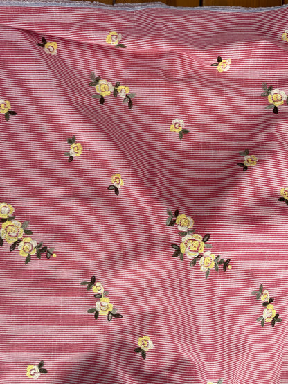 Red White Stripe Yellow Embroidered Flowers Cotton Oxford "Picnic Perfect"