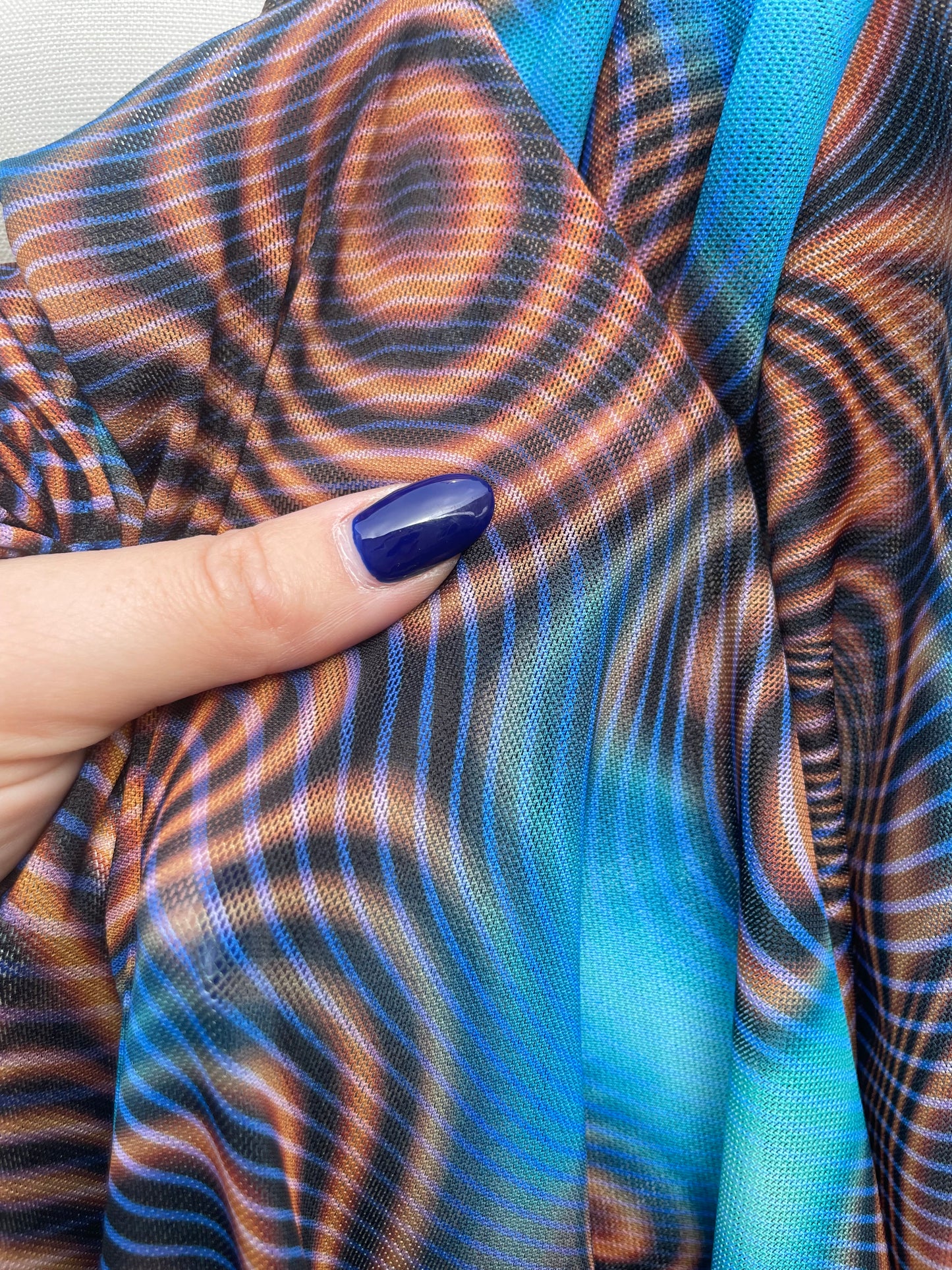 Blue Orange Y2K Cyber Swirl Print Nylon Spandex Mesh "Nickle Element"