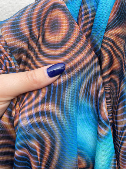 Blue Orange Y2K Cyber Swirl Print Nylon Spandex Mesh "Nickle Element"