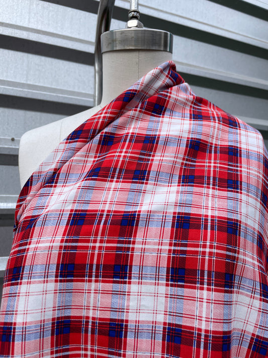 White Navy Red Plaid Rayon Challis "Pearl Hart"