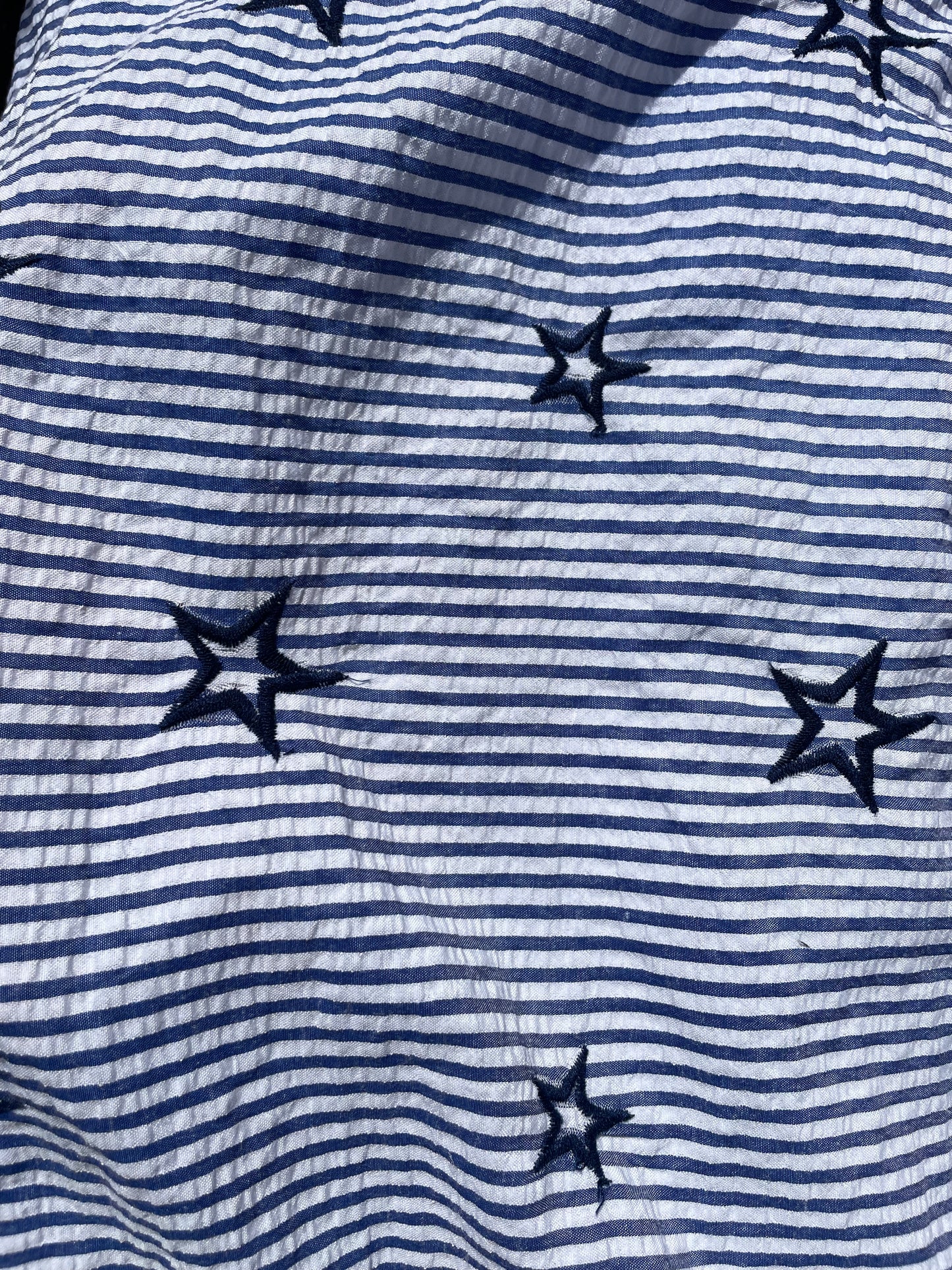 Blue Navy White  Embroidered Stripe Star Seersucker Polyester “Country Star”