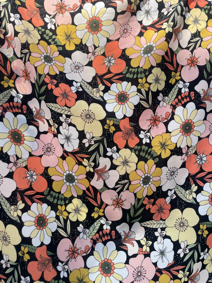 Black Coral Pink Yellow Retro Floral Crepe Polyester "Moody Hippie Chick"