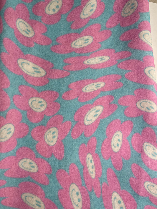 Pink Blue Smiley Face Daisy Polyester Spandex Mini Velour "Happy Daisy"