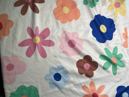 White Retro Multi Florals Daisy Pink Green Blue Polyester Spandex Brushed DTY Jersey Knit "Groovy Garden"