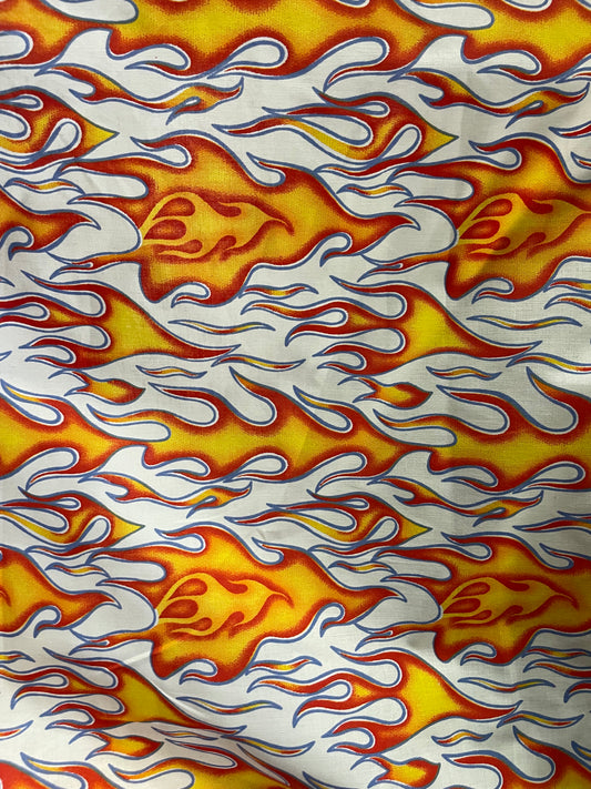 White Yellow Flame Cotton Poplin Print 90's Vintage Deadstock Sati Collection "Burning Bright"