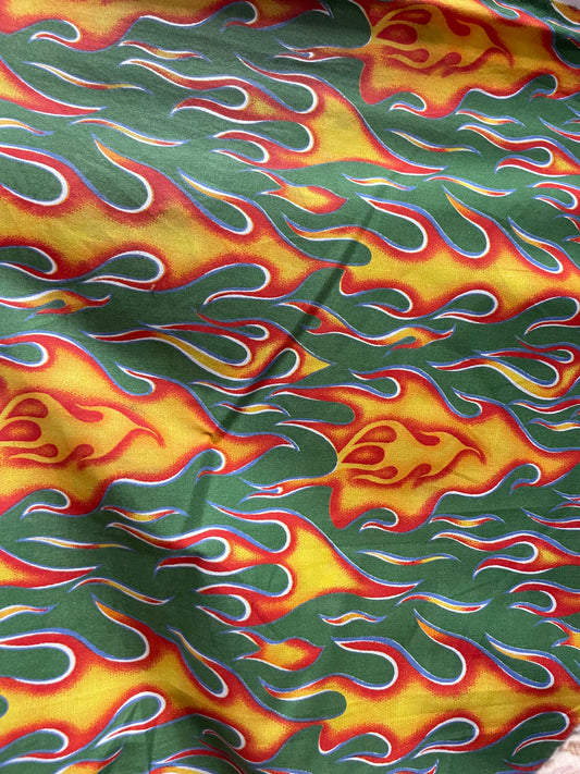 Green Yellow Flame Cotton Poplin Print 90's Vintage Deadstock Sati Collection "Hot With Envy"