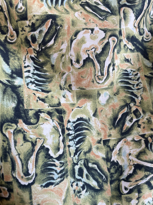 Olive Green Taupe Dinosaur Bone Print Polyester Poplin Vintage " Clever Girl"