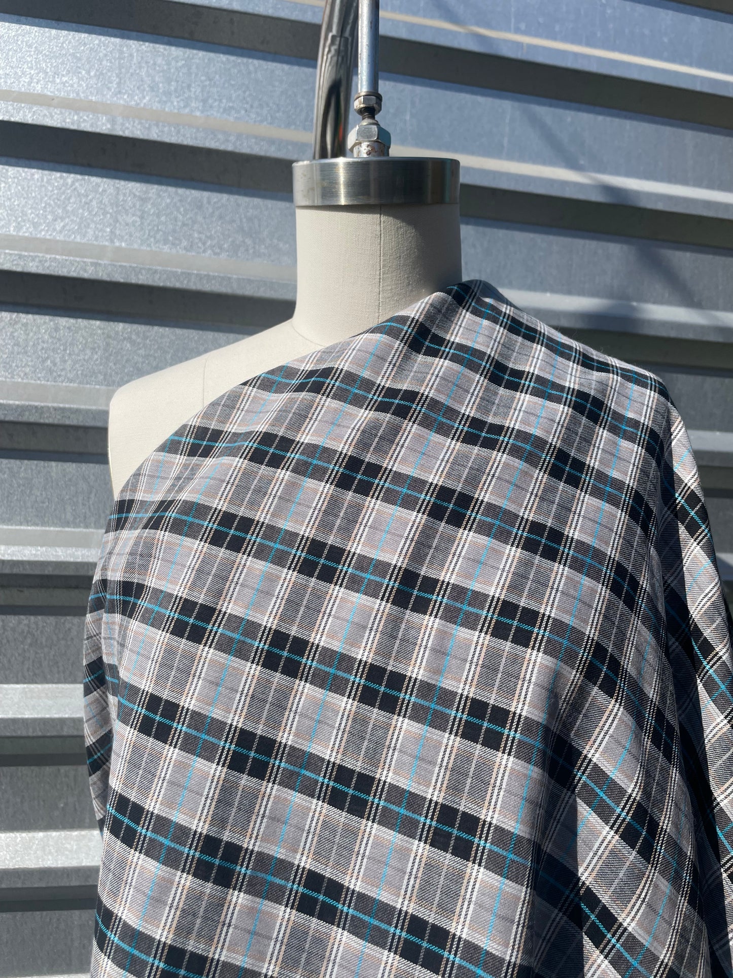 Black Grey Blue Plaid Grunge Cotton Voile "Eye Roll"