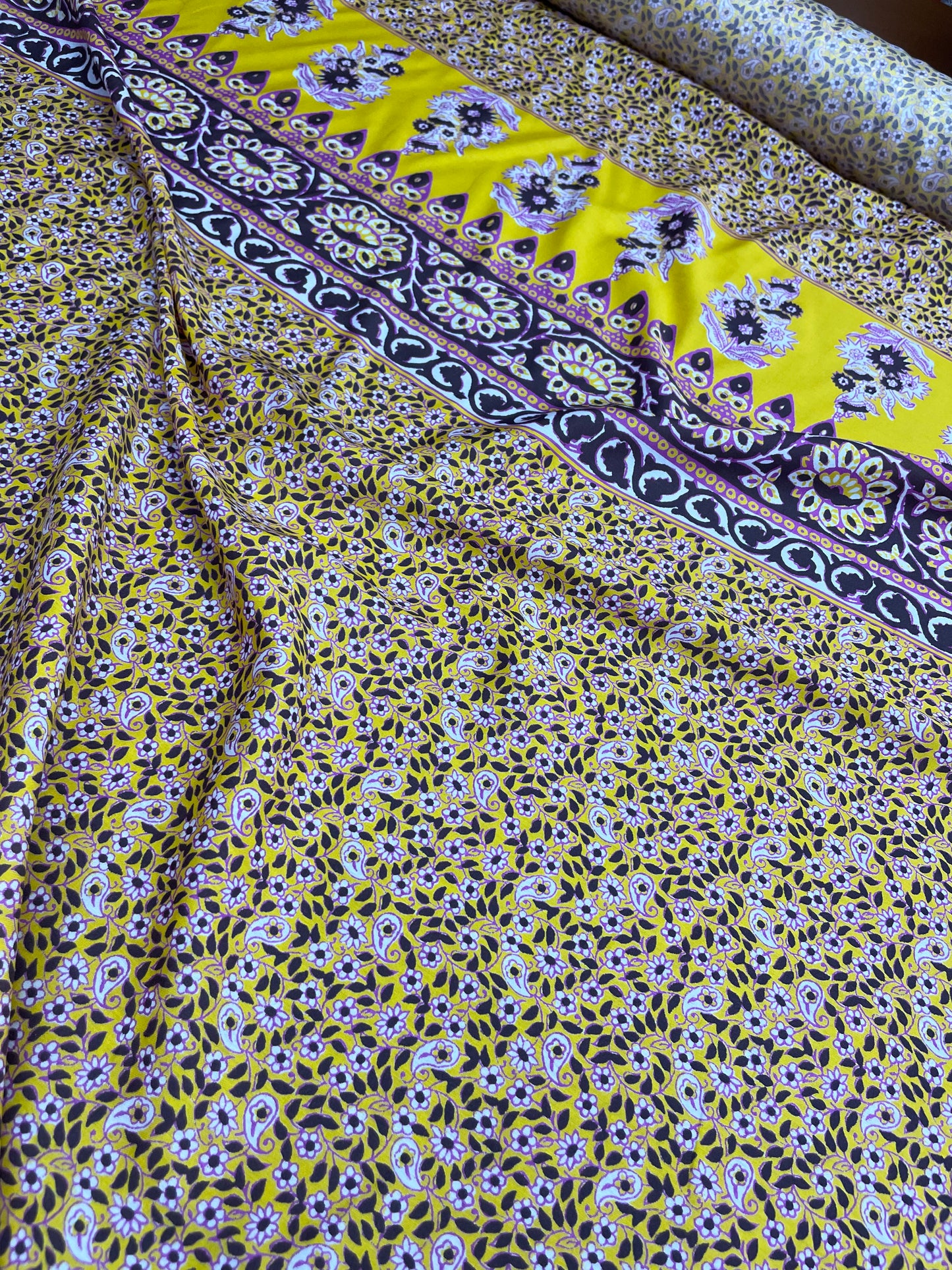 Silk Cotton Voile Yellow  Magenta Paisley Panel "Spring Chick"