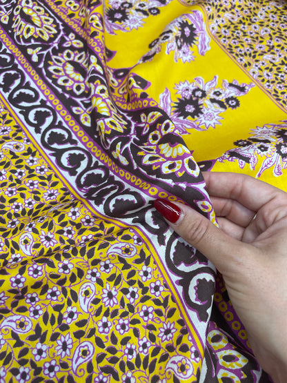 Silk Cotton Voile Yellow  Magenta Paisley Panel "Spring Chick"