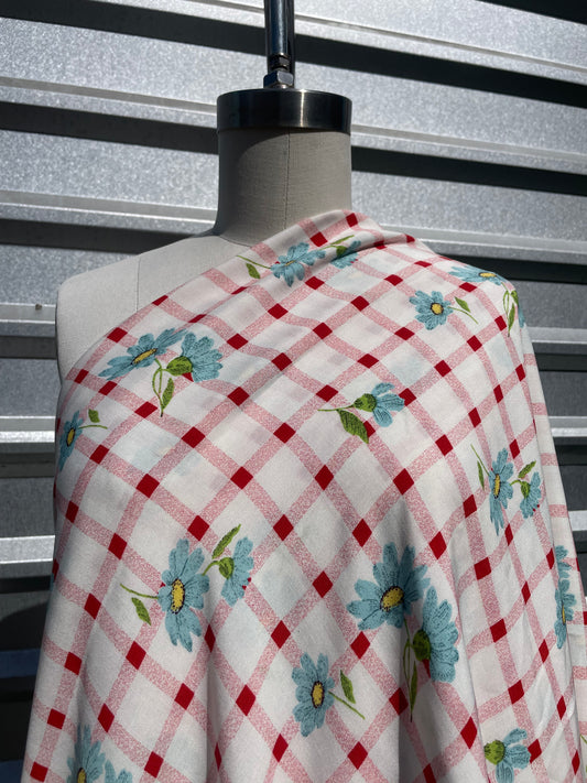 White Red Blue Plaid Daisy Rayon Challis Cottage Core “Kansas Attitude ”