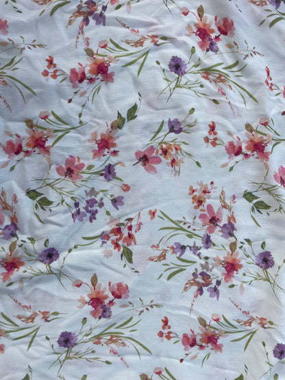 White Watercolor Floral Pink Green Lavendr Soft Rayon Crepe Print "Anna's Garden"