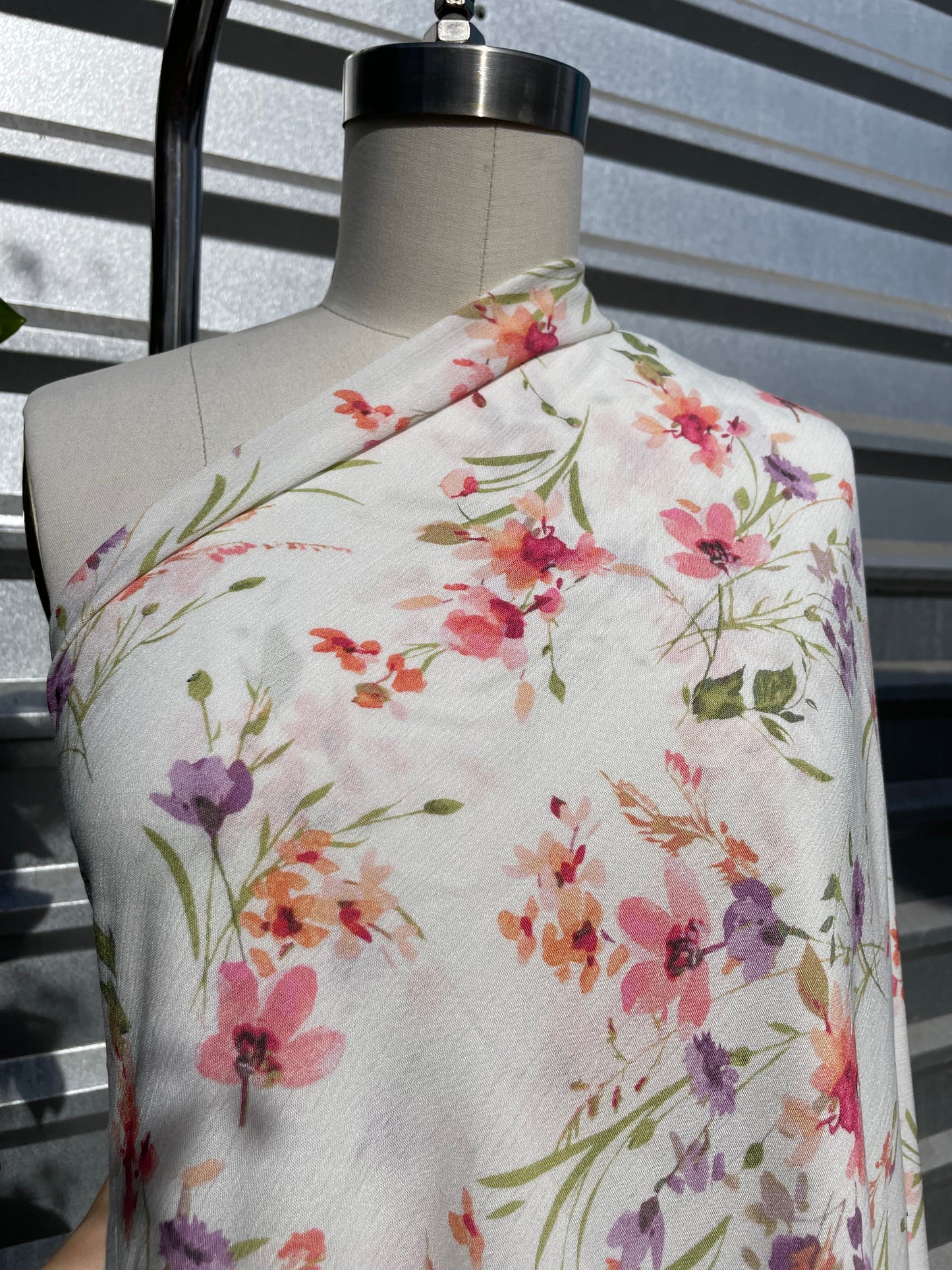 White Watercolor Floral Pink Green Lavendr Soft Rayon Crepe Print "Anna's Garden"