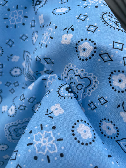 Baby Blue Black White Paisley Hankerchieft Vintage Cotton Lightweight Poplin "Buckin' Bill"