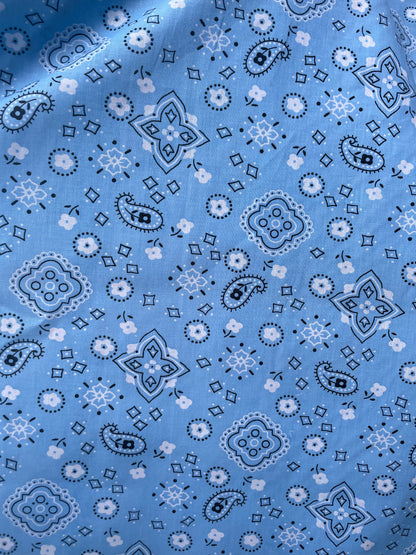 Baby Blue Black White Paisley Hankerchieft Vintage Cotton Lightweight Poplin "Buckin' Bill"