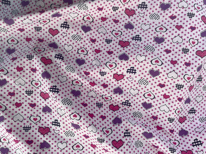 Purple White Retro Heart Vintage Cotton Lightweight Poplin "Cupid Shuffle"