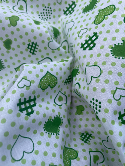 Green White Retro Heart Vintage Cotton Lightweight Poplin "Lucky in Love"