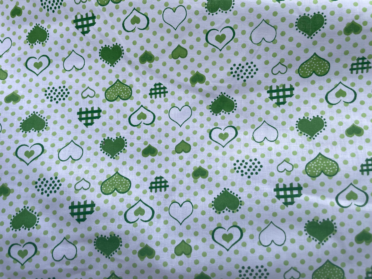 Green White Retro Heart Vintage Cotton Lightweight Poplin "Lucky in Love"