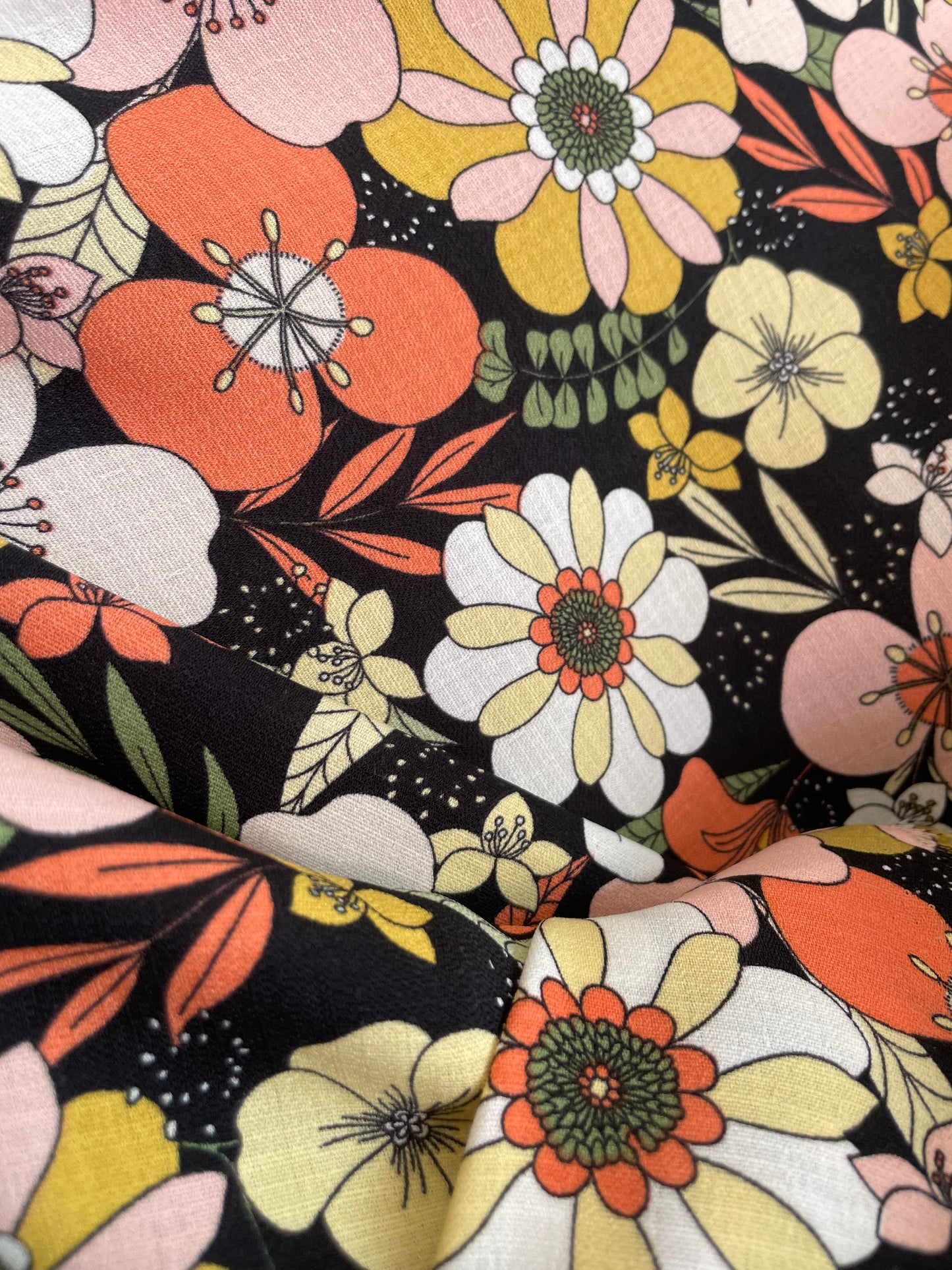 Black Coral Pink Yellow Retro Floral Crepe Polyester "Moody Hippie Chick"