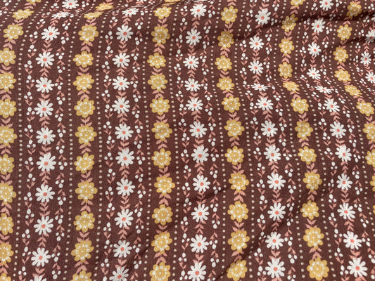 Mocha Brown Yellow Retro Folk Floral Soft Rayon Crepe Woven “Folky Flora"