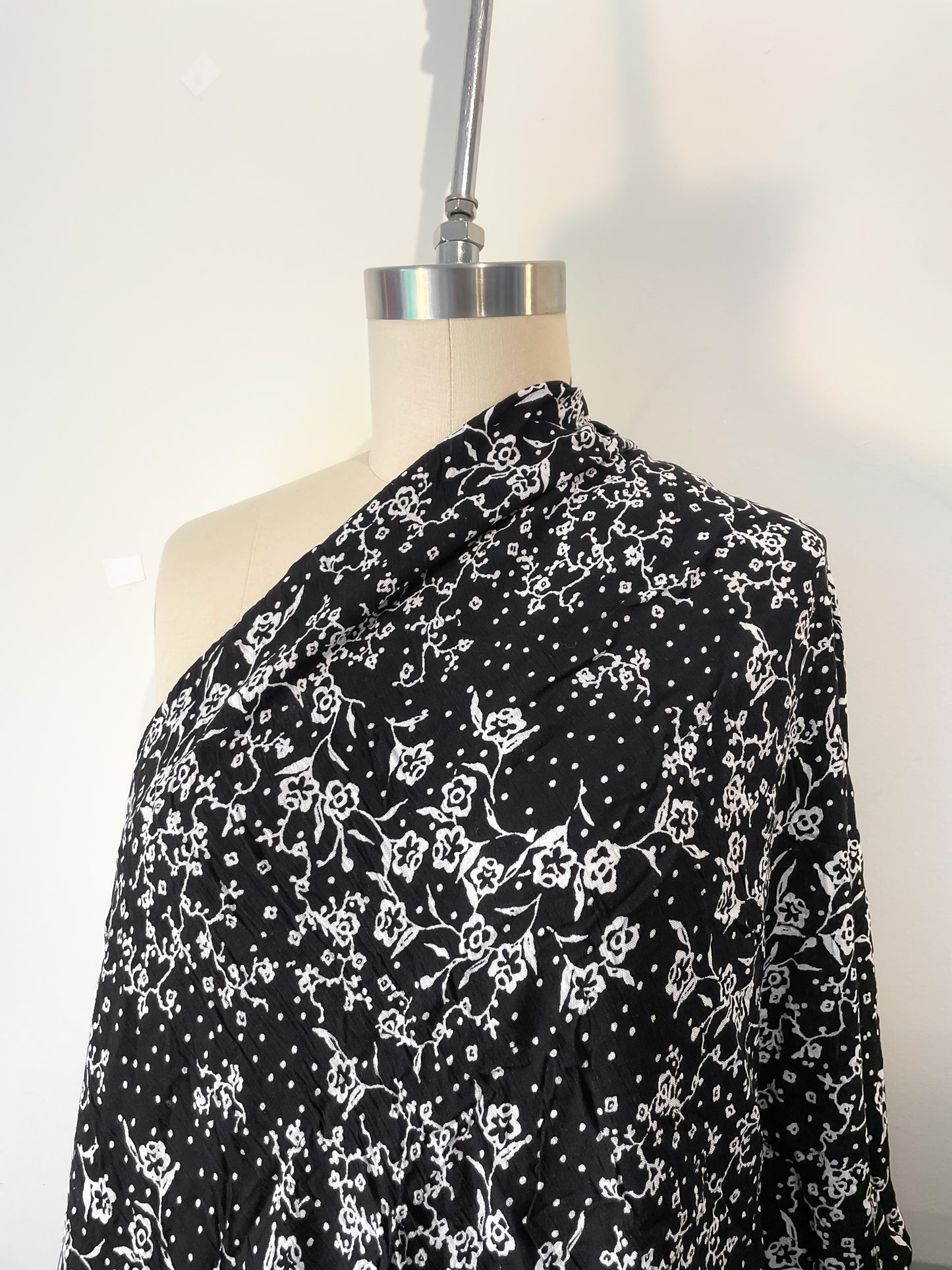 Black White FloralSoft Rayon Crepe Grunge Cottage Core 