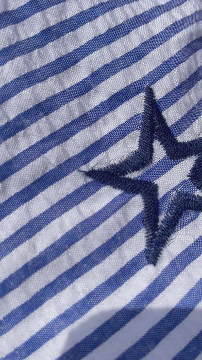 Blue Navy White  Embroidered Stripe Star Seersucker Polyester “Country Star”